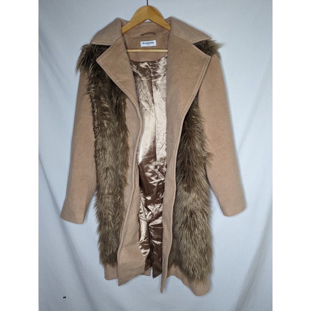 Faux Fur Glamorous Brown Long Length Silky Jacket Coat Size Small